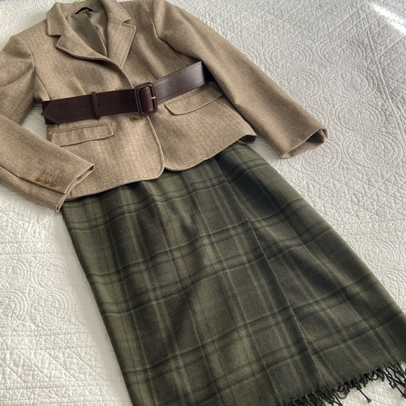 Ralph Lauren Vintage Plaid Tartan Tweed Wrap Fringed Maxi Skirt Green 4 - Picture 12 of 13